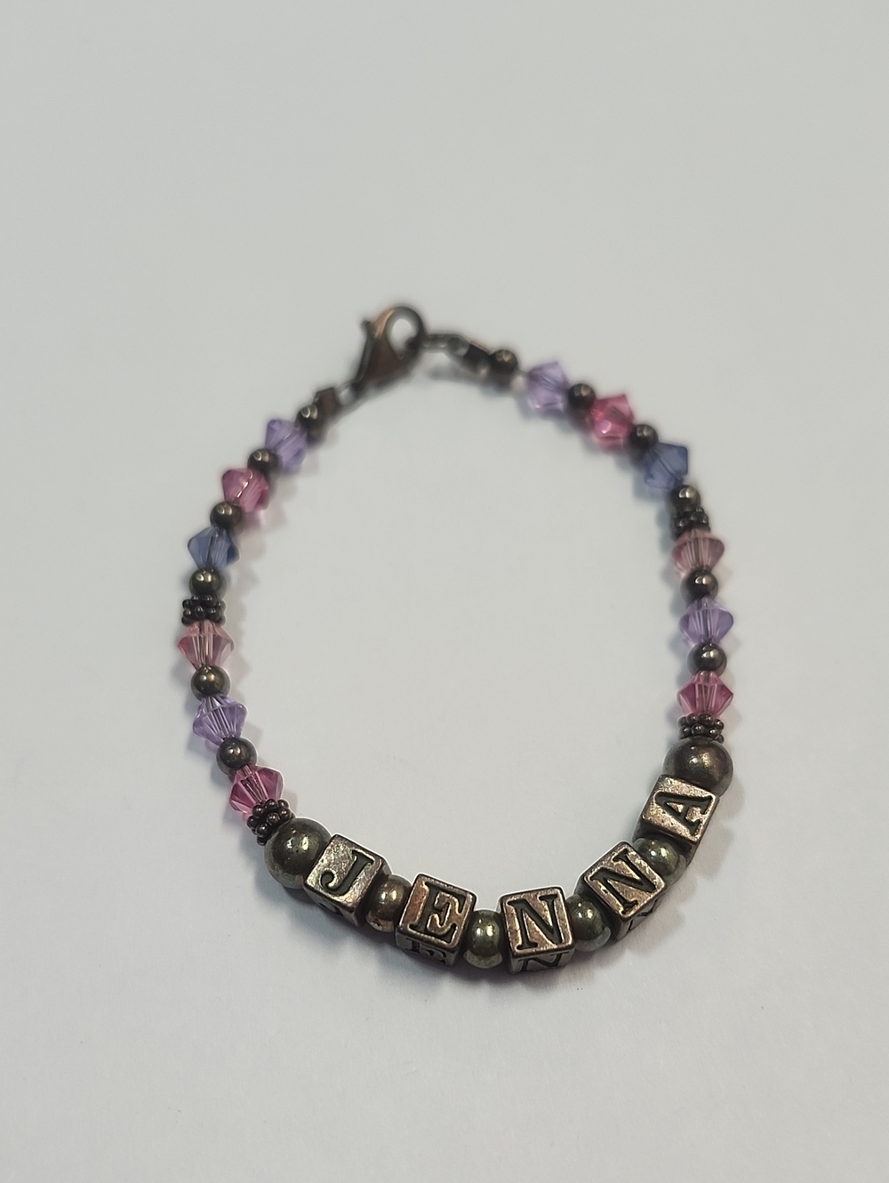 Sterling Personalized Pink & Purple Beaded Name Bracelet - Jenna Letter Charms